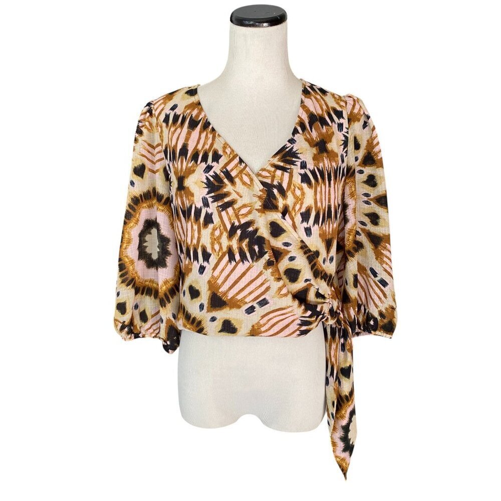 Rachel Zoe Tribal Print Long Sleeve Front Wrap Crop Top - Size Medium - Picture 2 of 8